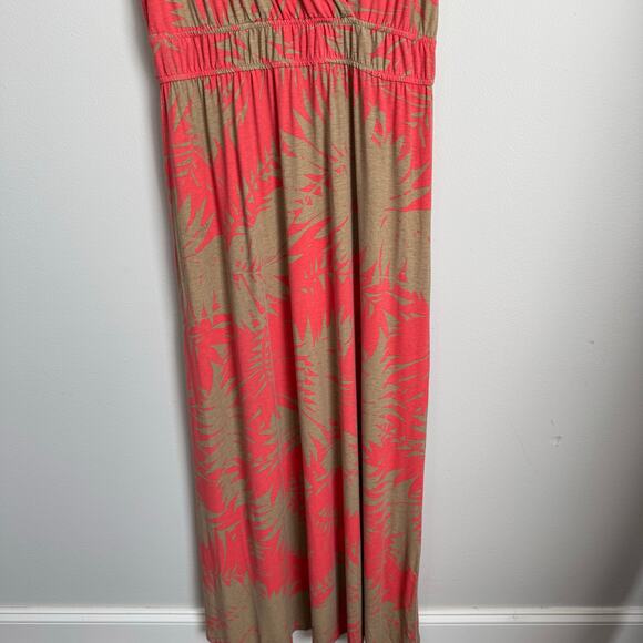 Floral Maxi Dress Size Large Tan Coral Tropical Vacation Resortwear Beachy - Picture 4 of 11